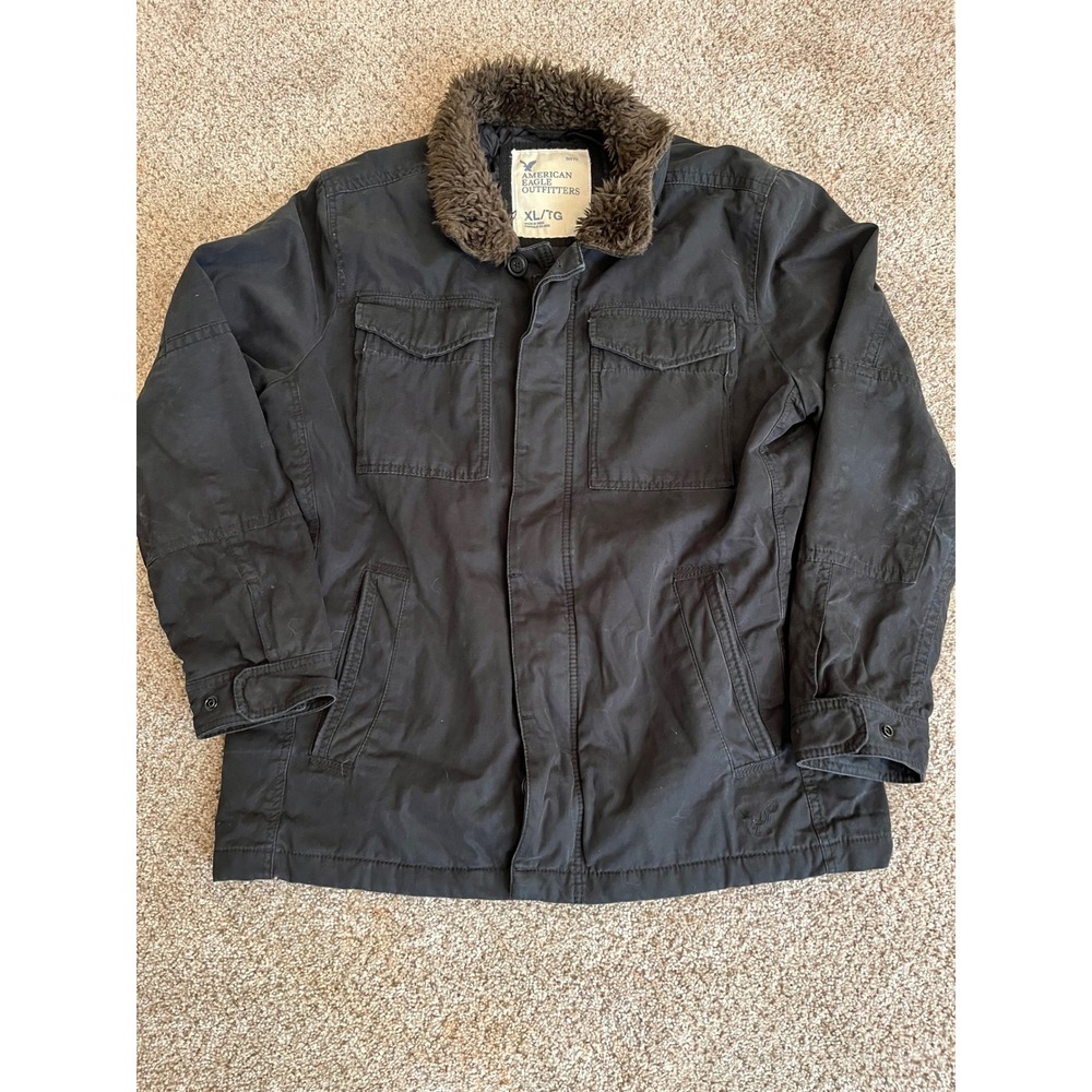 Y2K American Eagle Mens Jacket XL Black Faux Fur Collar Quilted Field Coat No 77